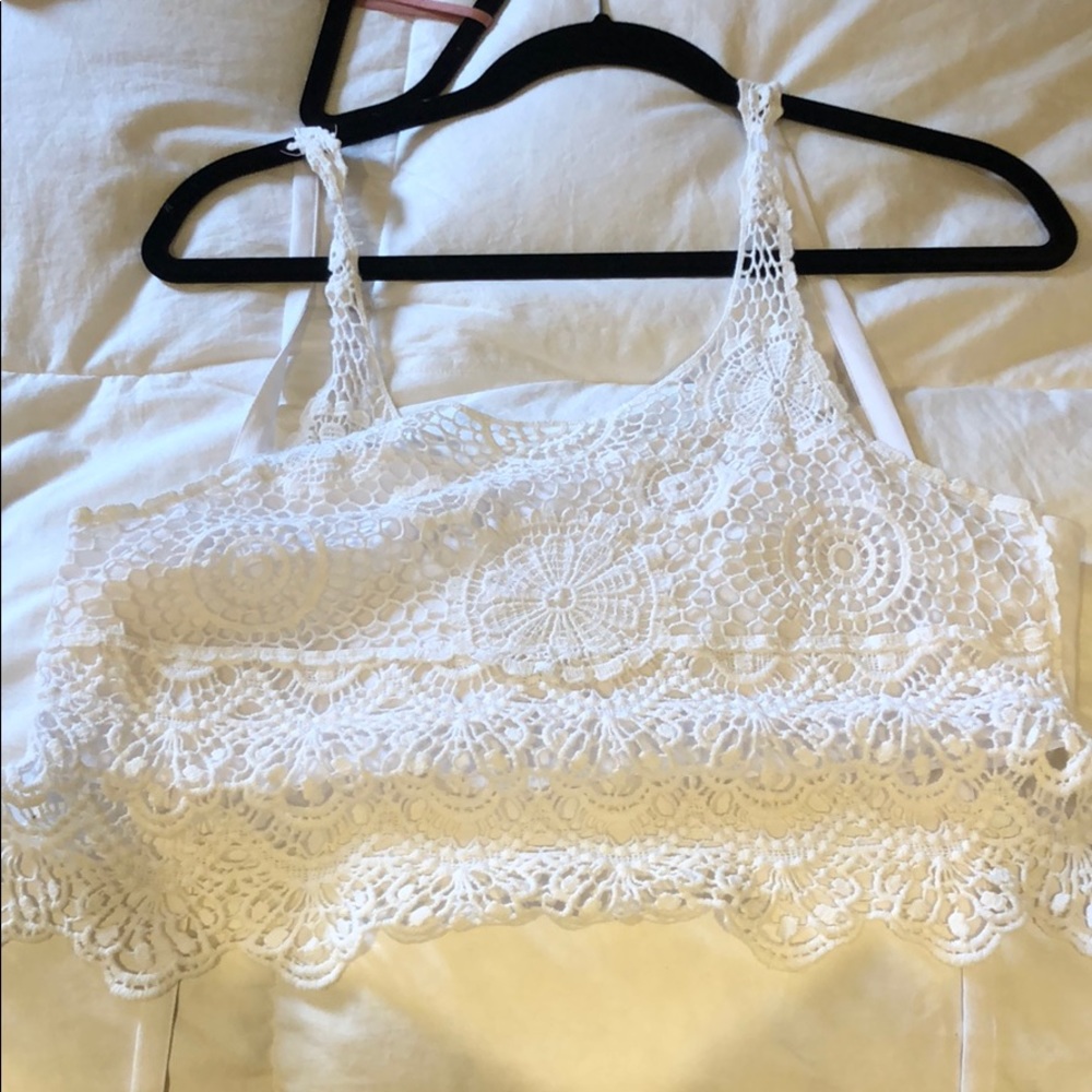 open back white lace crop top
